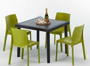 Table carrée et 4 chaises Poly rotin resine bar bistrot cafè exterieur 90x90 noir | Rome Anis vert - GRAND SOLEIL Table carrée et 4 chaises Poly rotin resine bar bistrot cafè exterieur 90x90 noir | Rome Anis vert - GRAND SOLEIL