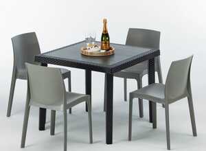 Table carrée et 4 chaises Poly rotin resine bar bistrot cafè exterieur 90x90 noir | Rome gris - GRAND SOLEIL Table carrée et 4 chaises Poly rotin resine bar bistrot cafè exterieur 90x90 noir | Rome gris - GRAND SOLEIL