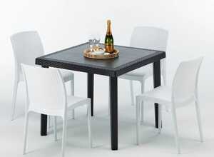 Table carrée et 4 chaises Poly rotin resine bar bistrot cafè exterieur 90x90 noir | Boheme Blanc - GRAND SOLEIL Table carrée et 4 chaises Poly rotin resine bar bistrot cafè exterieur 90x90 noir | Boheme Blanc - GRAND SOLEIL
