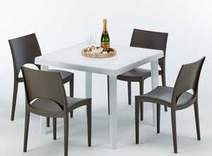 Table carrée et 4 chaises Poly rotin resine colorées 90x90 blanc | Paris Marron Moka - GRAND SOLEIL Table carrée et 4 chaises Poly rotin resine colorées 90x90 blanc | Paris Marron Moka - GRAND SOLEIL