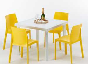 Table carrée et 4 chaises Poly rotin resine colorées 90x90 blanc | Rome jaune - GRAND SOLEIL Table carrée et 4 chaises Poly rotin resine colorées 90x90 blanc | Rome jaune - GRAND SOLEIL