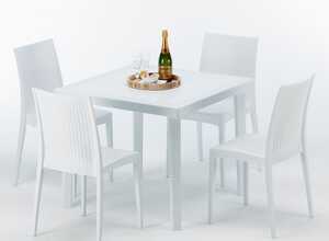 Table carrée et 4 chaises Poly rotin resine colorées 90x90 blanc | Bistrot Blanc - GRAND SOLEIL Table carrée et 4 chaises Poly rotin resine colorées 90x90 blanc | Bistrot Blanc - GRAND SOLEIL