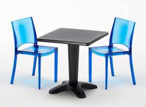 Table et 2 chaises colorées polycarbonate extérieurs Grand Soleil CAFFÈ | B-Side Bleu transparent - Noir Table et 2 chaises colorées polycarbonate extérieurs Grand Soleil CAFFÈ | B-Side Bleu transparent - Noir