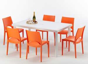 Table rectangulaire et 6 chaises colorées Poly rotin resiné 150x90 blanc | Paris orange - GRAND SOLEIL Table rectangulaire et 6 chaises colorées Poly rotin resiné 150x90 blanc | Paris orange - GRAND SOLEIL