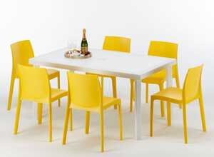 Table rectangulaire et 6 chaises colorées Poly rotin resiné 150x90 blanc | Rome jaune - GRAND SOLEIL Table rectangulaire et 6 chaises colorées Poly rotin resiné 150x90 blanc | Rome jaune - GRAND SOLEIL