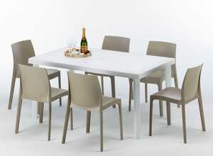 Table rectangulaire et 6 chaises colorées Poly rotin resiné 150x90 blanc | Rome Beige Juta - GRAND SOLEIL Table rectangulaire et 6 chaises colorées Poly rotin resiné 150x90 blanc | Rome Beige Juta - GRAND SOLEIL